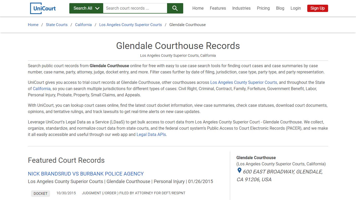 Glendale Courthouse Records | Los Angeles | UniCourt